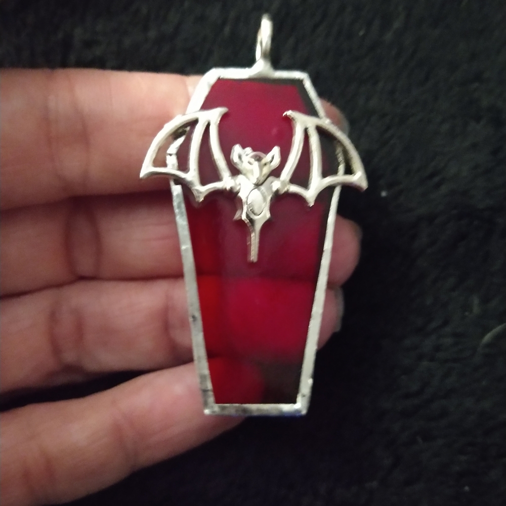 Red Coffin Pendant Necklace with Bat Accent - Women Jewelry